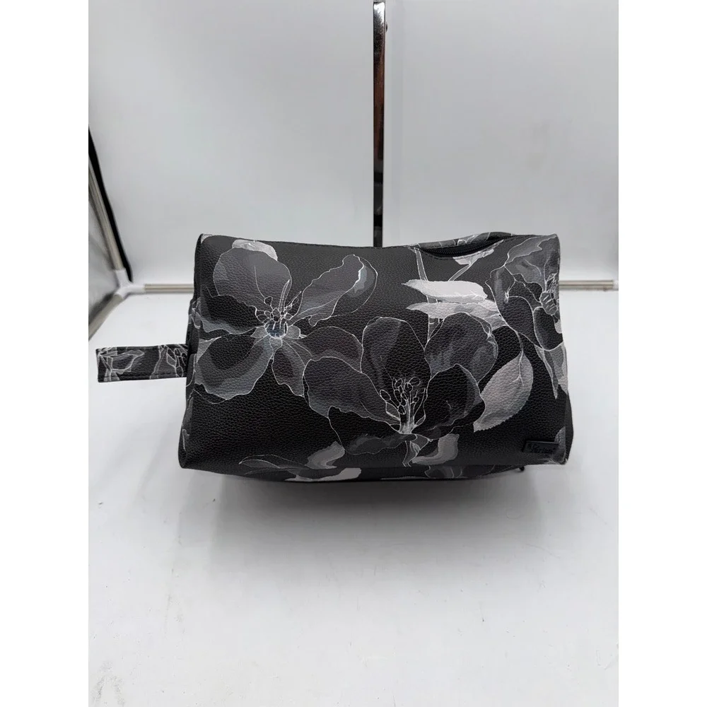 Periea Grey Floral Faux Leather Makeup Toiletry Travel Organizer Bag Case